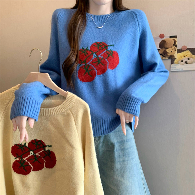 Women's Cute Tomato Graphic Round Neck Knit Sweater