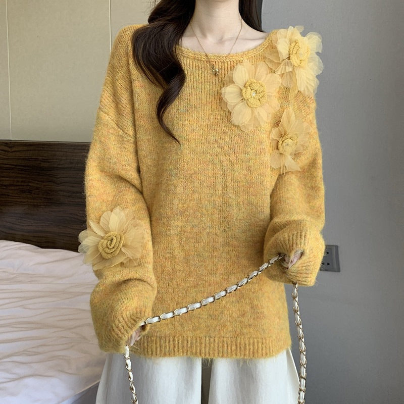 Women's Korean Style 3D Floral Soft Knit Sweater