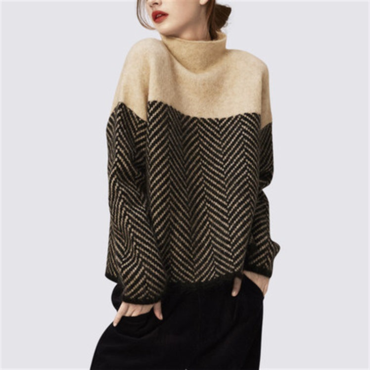 Women's Retro Color Block Half Turtleneck Knit Sweater