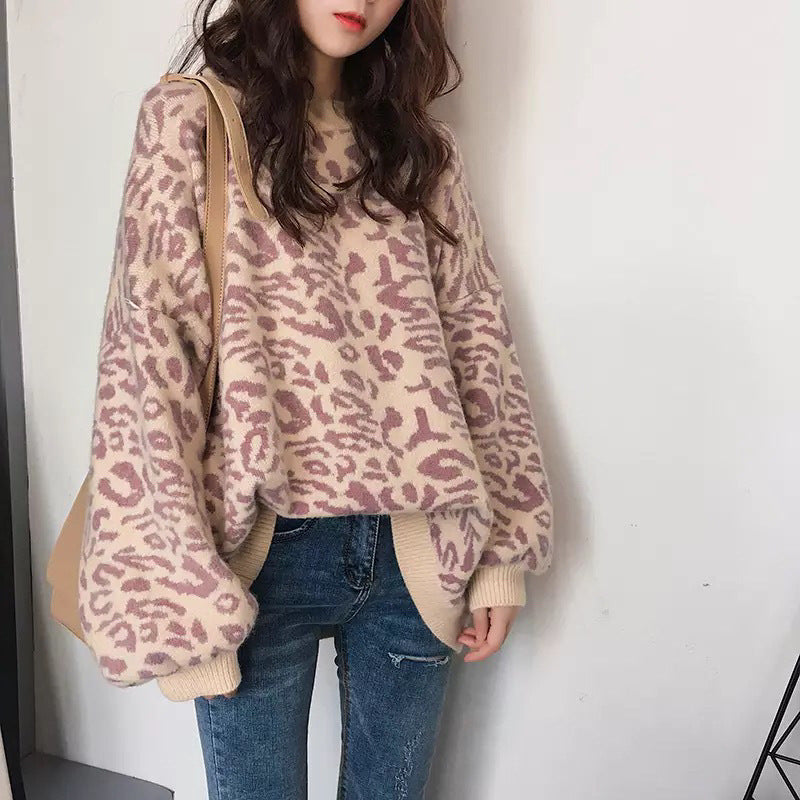 Women's Leopard Print Round Neck Loose Knit Sweater