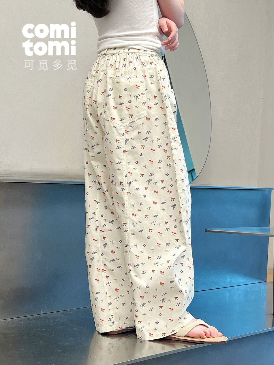 Girls' Floral Cotton Loose Straight-Leg Pants