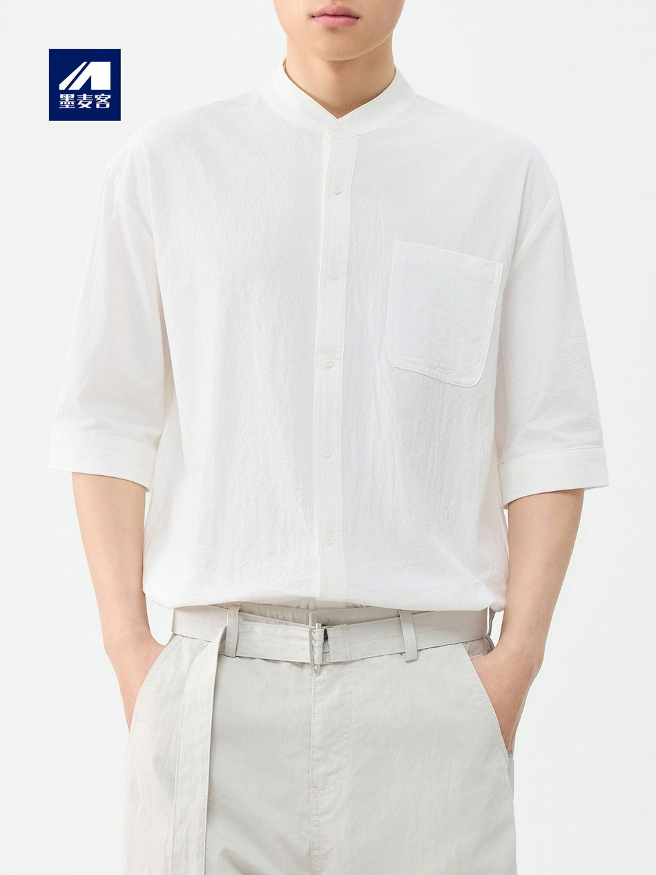 Men's Chinese Style Stand Collar Mid Sleeve Casual Shirt