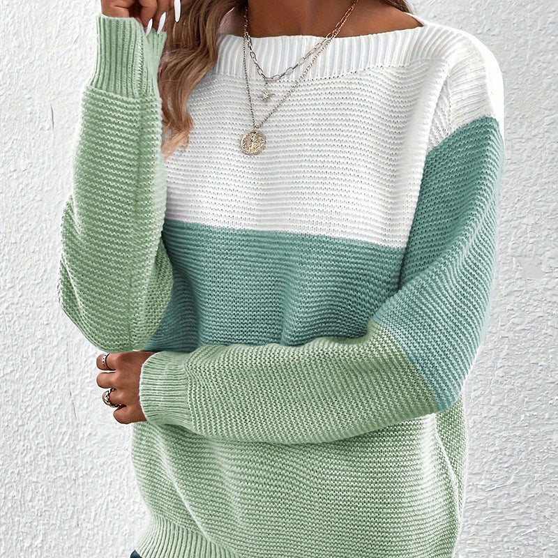 Women's Contrast Stitch Crewneck Long Sleeve Knit Sweater