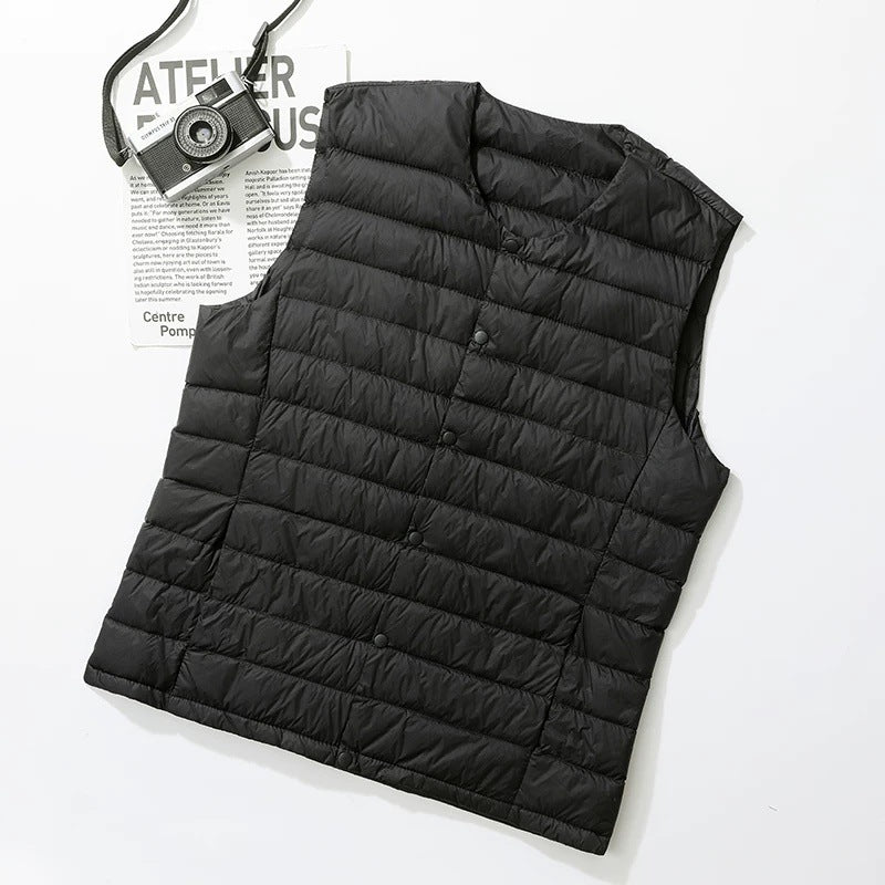 Men's Collarless Down Vest, Lightweight V-Neck Inner Layer