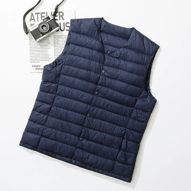 Men's Collarless Down Vest, Lightweight V-Neck Inner Layer