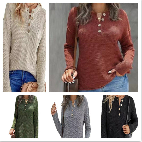 Women's Solid Color Half-Button Knit Pullover Sweater