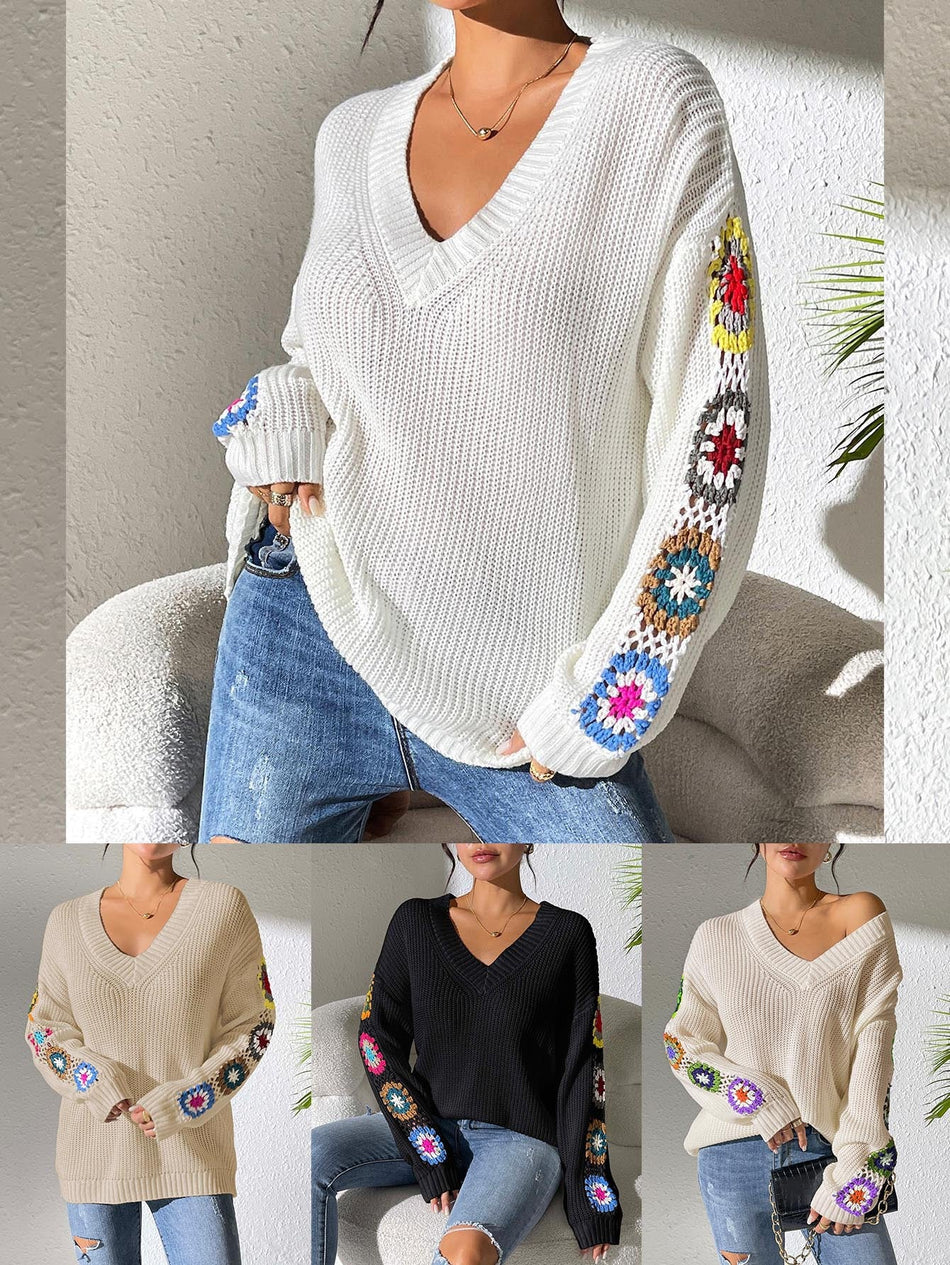 Women's Hand-Crocheted Floral Patchwork V-Neck Sweater