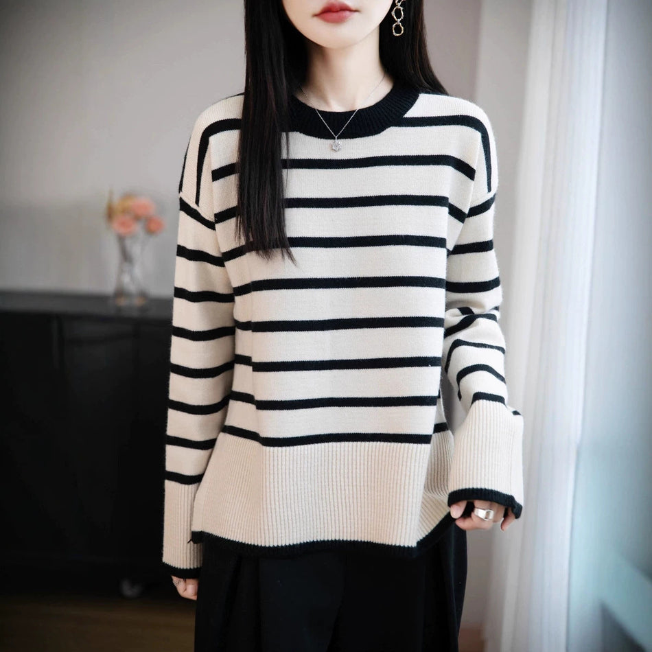 Women's Loose Round Neck Striped Long Sleeve Knit Sweater