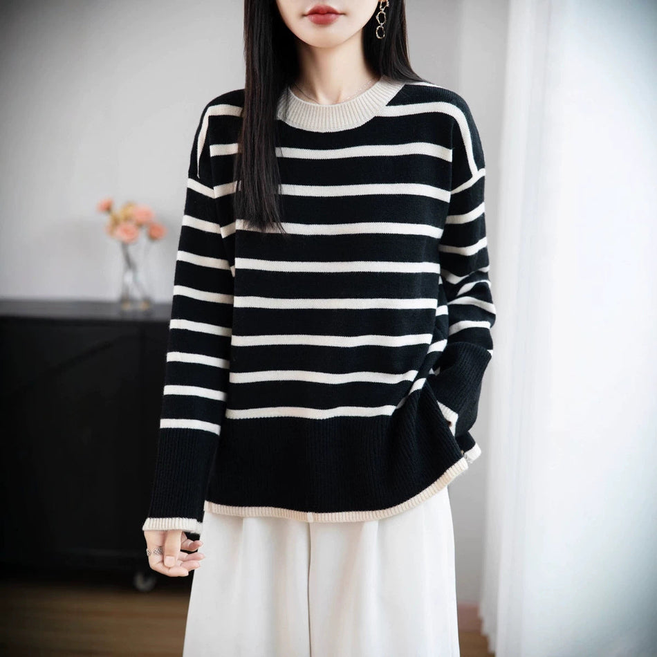 Women's Loose Round Neck Striped Long Sleeve Knit Sweater