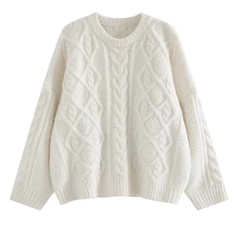 Women's Cream White Twist Knit Crew Neck Loose Sweater
