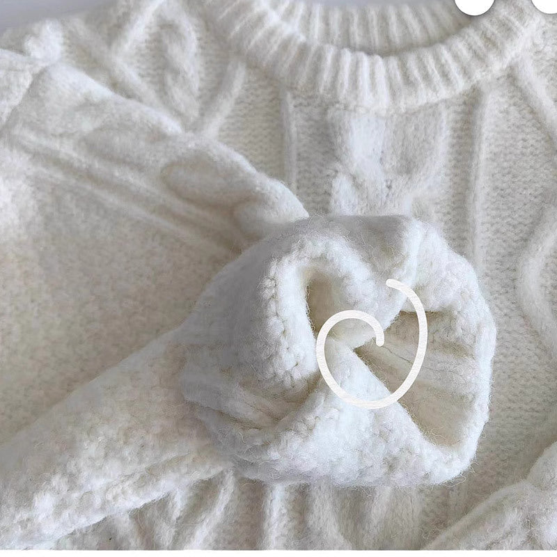 Women's Cream White Twist Knit Crew Neck Loose Sweater