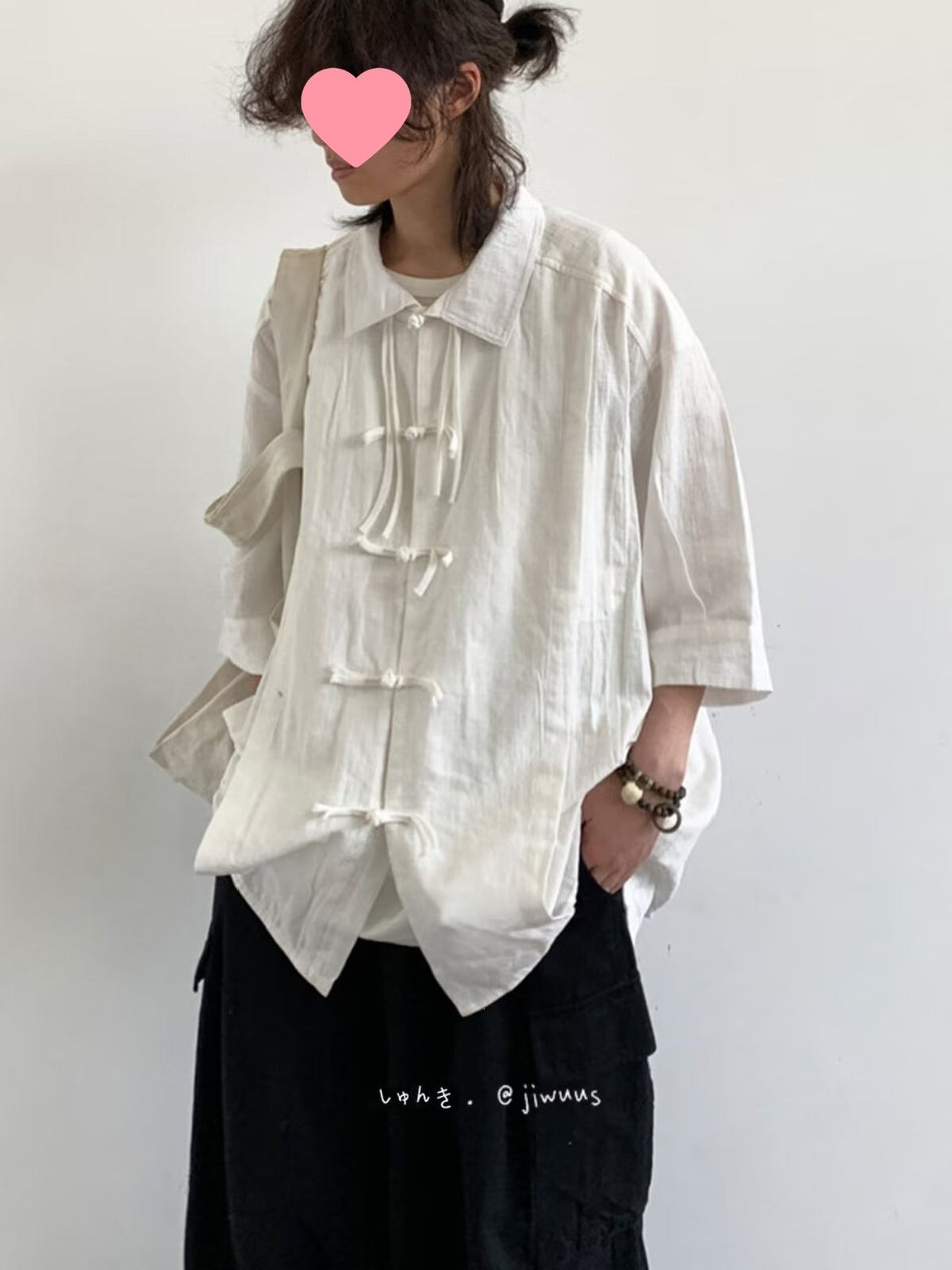 Chinese-Style Lapel Shirt, Loose Fit Retro 3/4 Sleeve Top