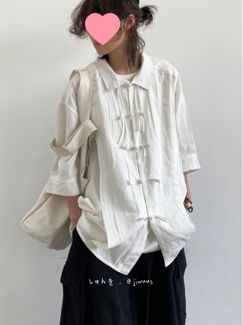 Chinese-Style Lapel Shirt, Loose Fit Retro 3/4 Sleeve Top