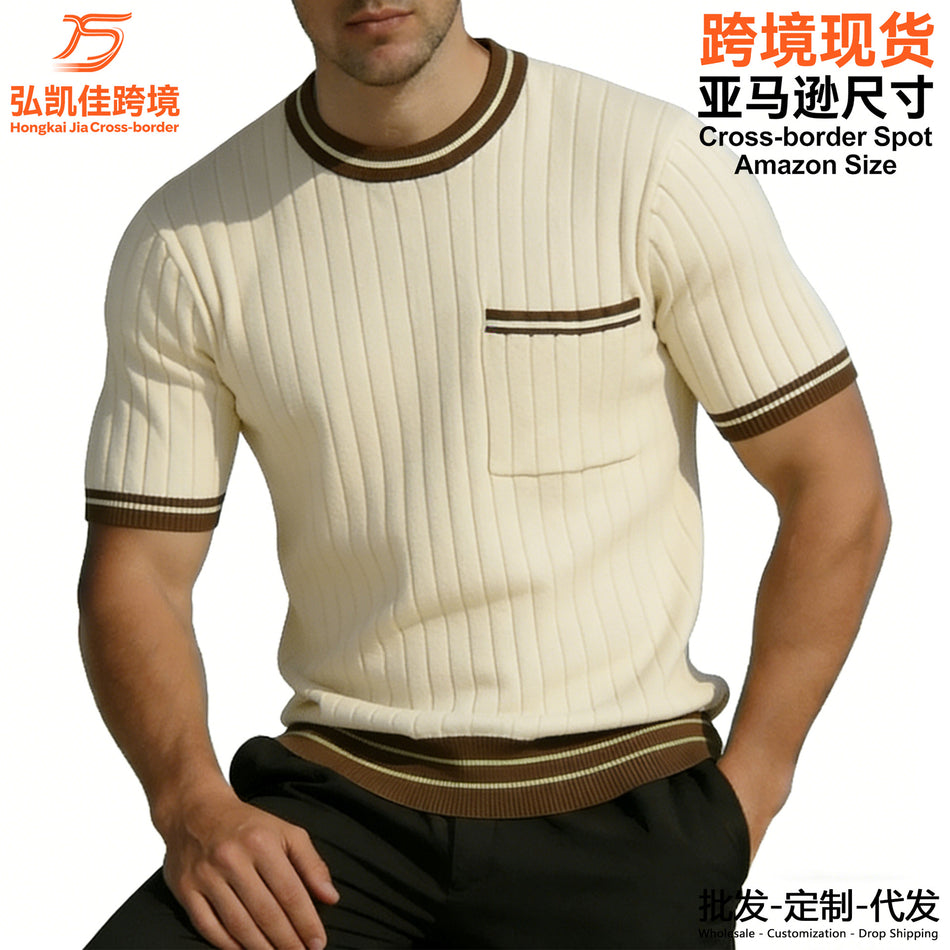 Men's Ice Silk Knit T-Shirt, Striped Pocket Plus Size Tee
