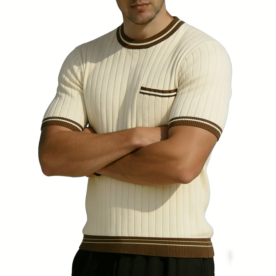 Men's Ice Silk Knit T-Shirt, Striped Pocket Plus Size Tee
