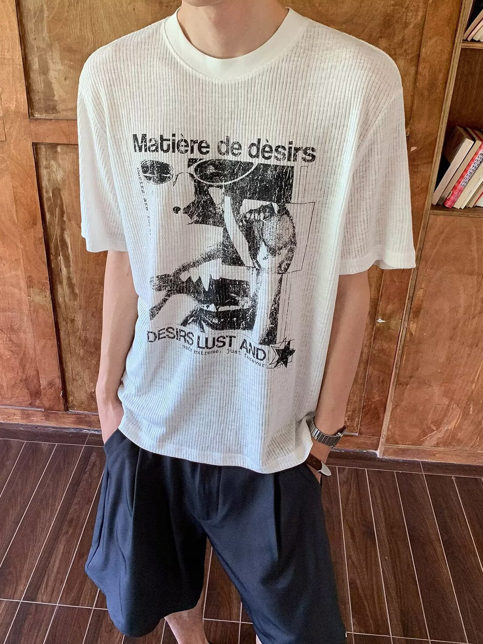 Men's Retro Portrait Print T-Shirt, Loose Fit Street Style