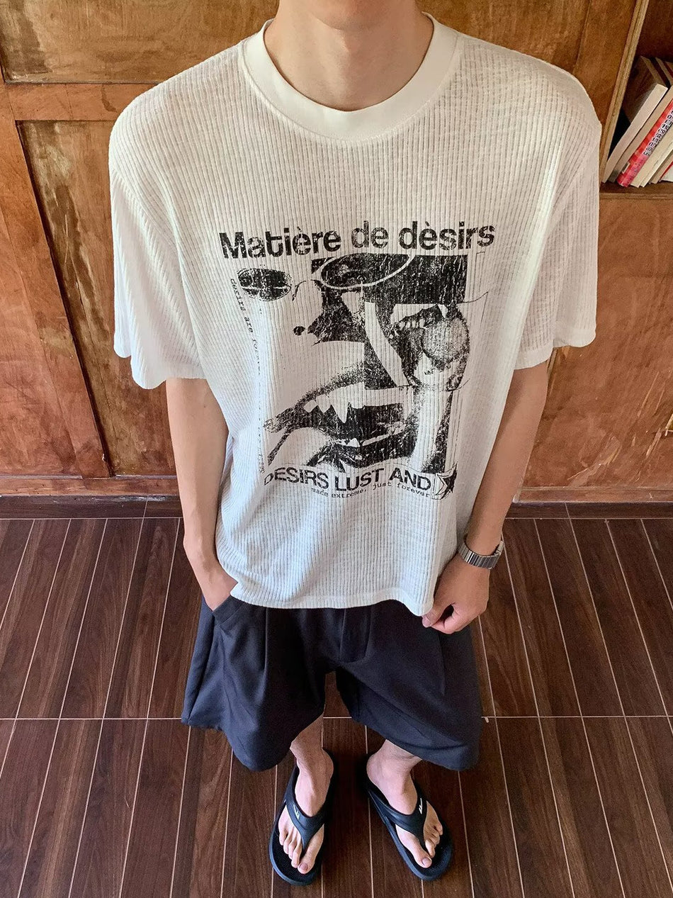 Men's Retro Portrait Print T-Shirt, Loose Fit Street Style