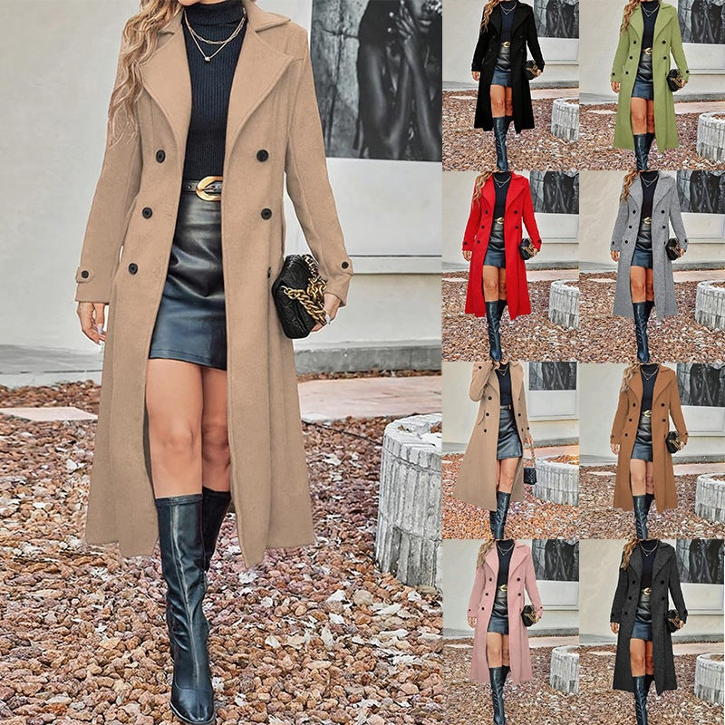 Women's Elegant Wool Double-Breasted Long Sleeve Coat