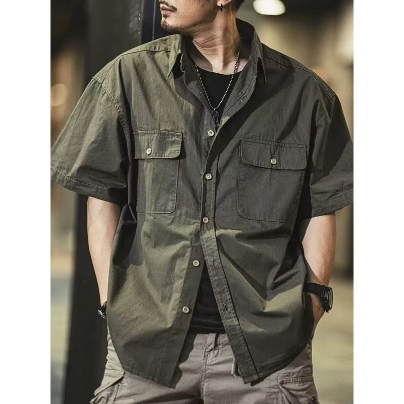 Men's Workwear Shirt, Japanese Style Multi-Pocket Casual Top