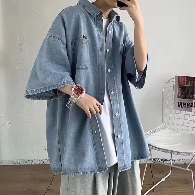 Men's Denim Short-Sleeve Shirt, Japanese Retro Casual Top