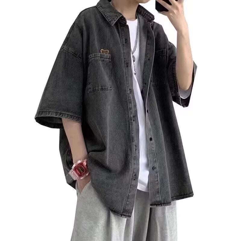 Men's Denim Short-Sleeve Shirt, Japanese Retro Casual Top