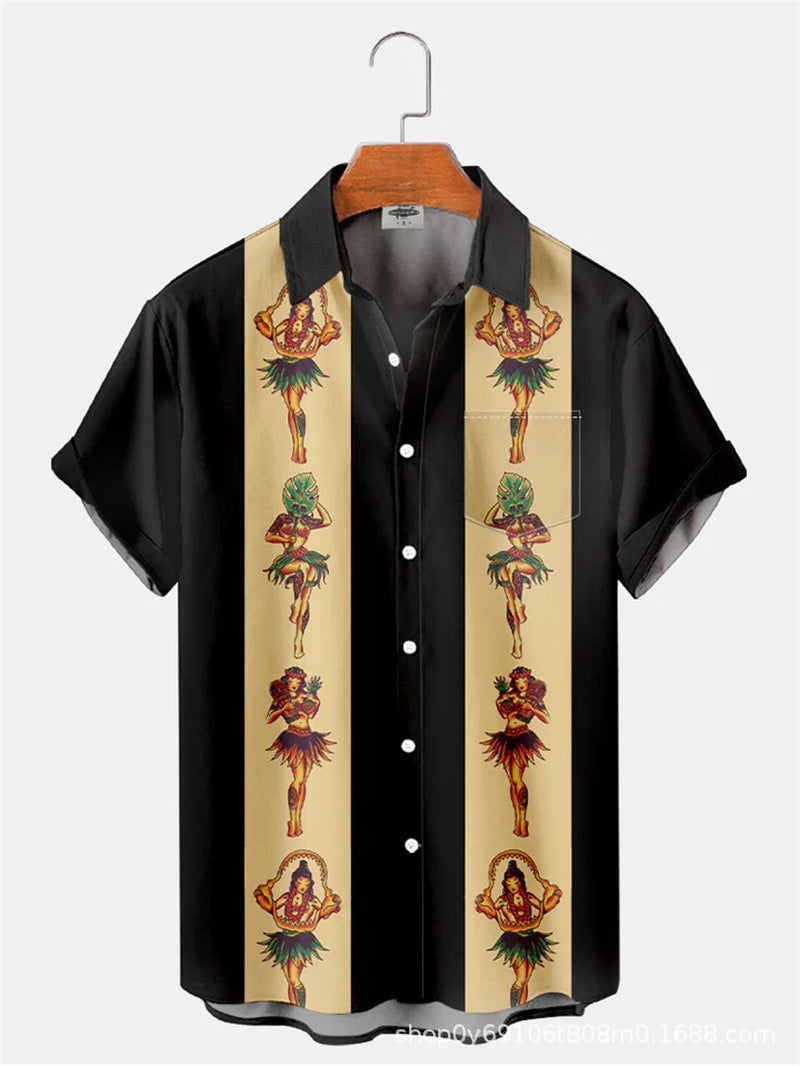 Men's Vintage Print Shirt, Short-Sleeve Casual Vacation Style