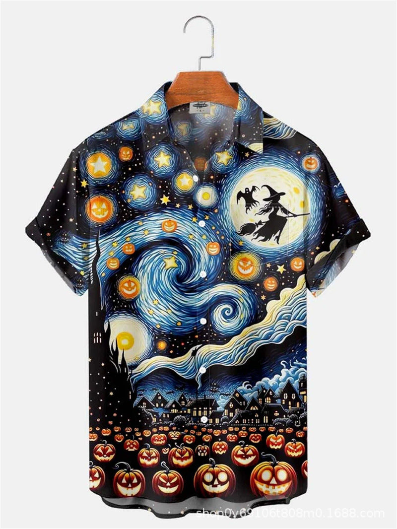 Men's Vintage Print Shirt, Short-Sleeve Casual Vacation Style