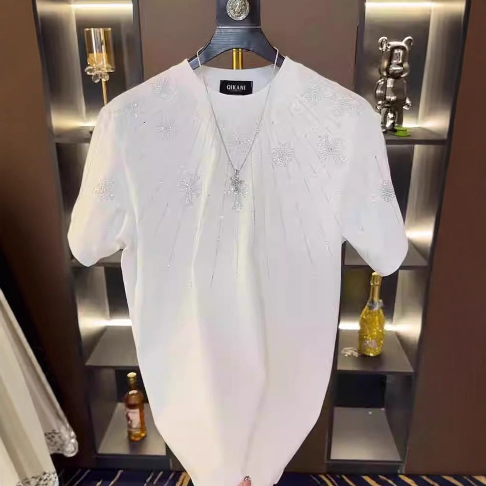 Men's Rhinestone Floral T-Shirt, Round Neck Casual Tee