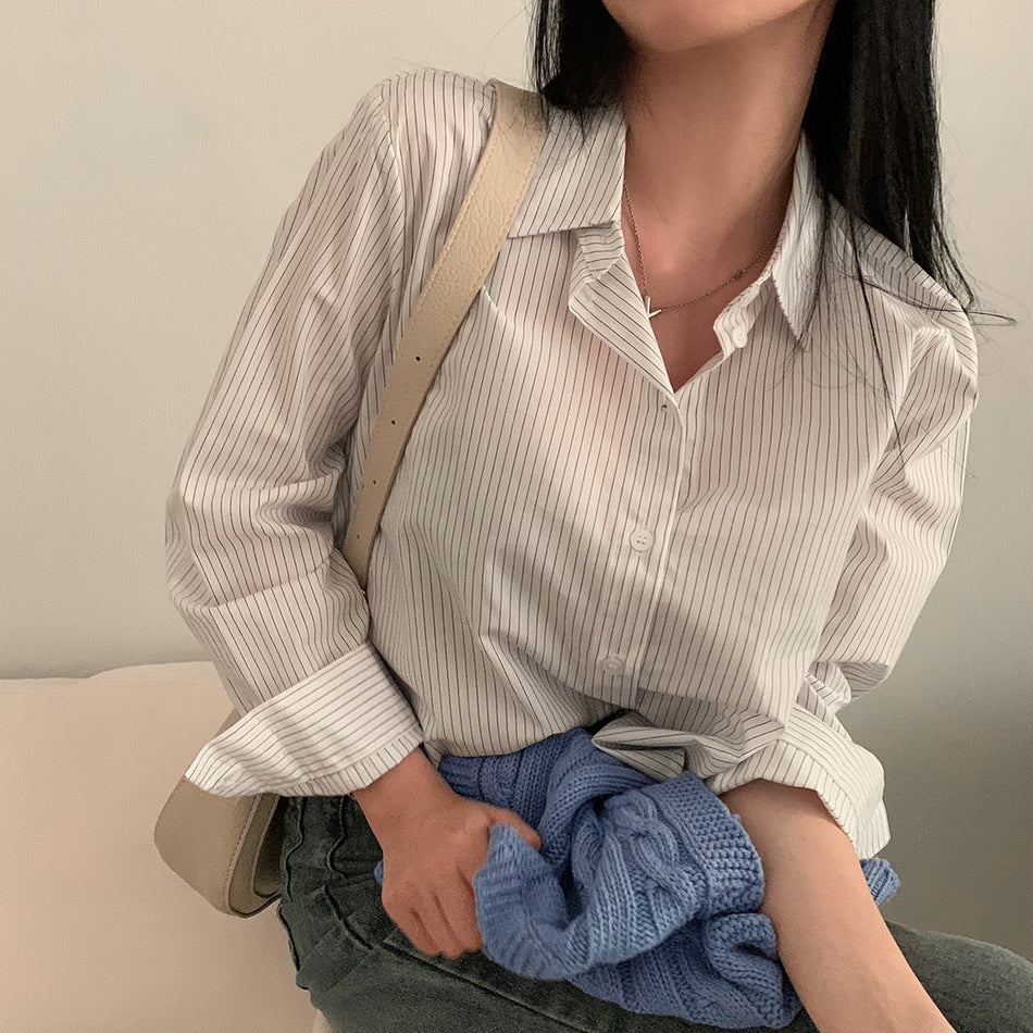 Women's Striped Long-Sleeve Shirt, Korean Loose Basic Top