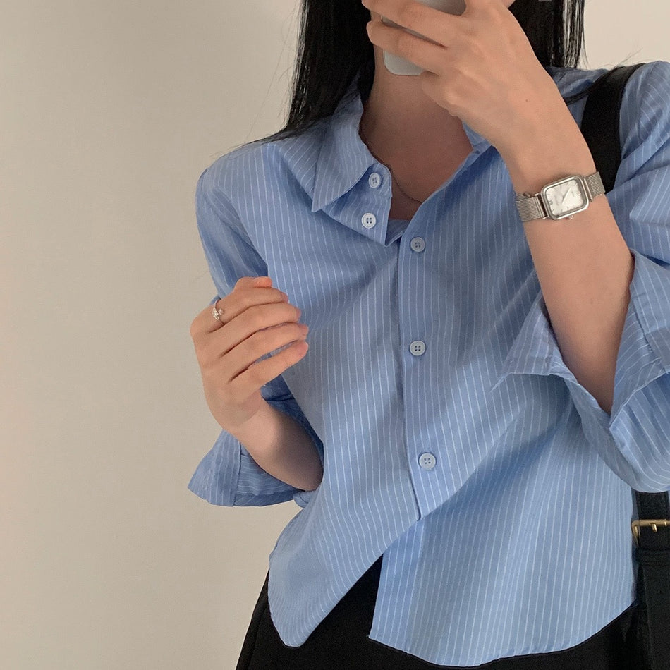 Women's Striped Long-Sleeve Shirt, Korean Loose Basic Top
