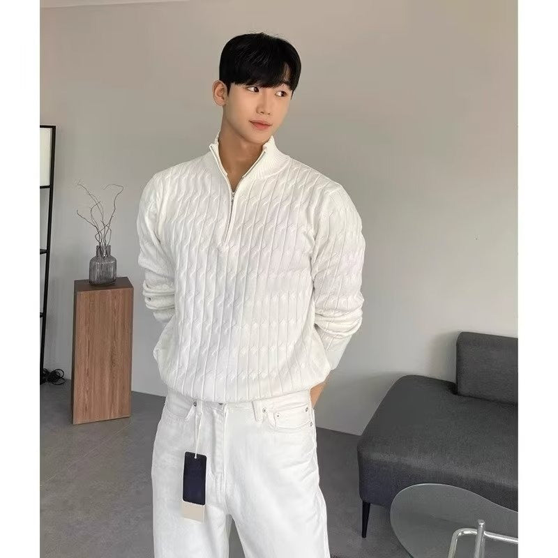 Men's Half-Turtleneck Zip Sweater, Loose Knit Pullover Jacket