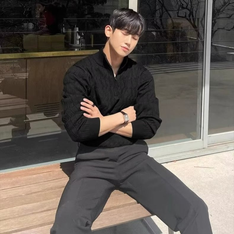 Men's Half-Turtleneck Zip Sweater, Loose Knit Pullover Jacket