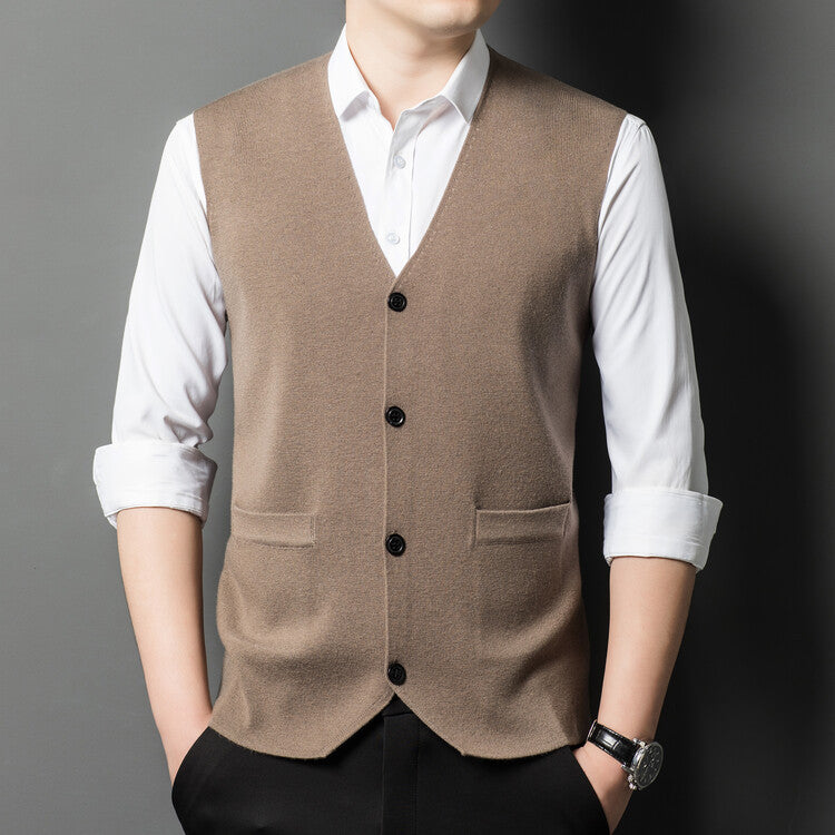 Men's Knitted Wool Vest, Collarless V-Neck Cardigan