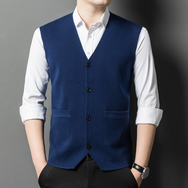 Men's Knitted Wool Vest, Collarless V-Neck Cardigan