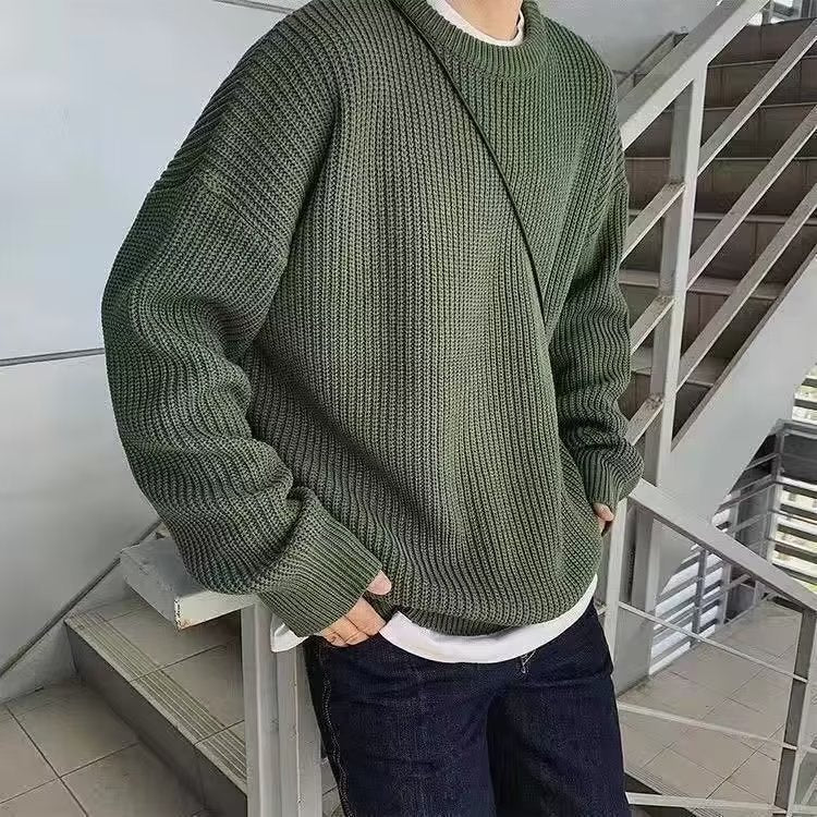 Men's Round Neck Sweater, Korean Style Thick Knit Pullover