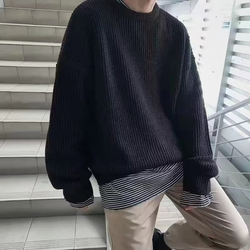 Men's Round Neck Sweater, Korean Style Thick Knit Pullover