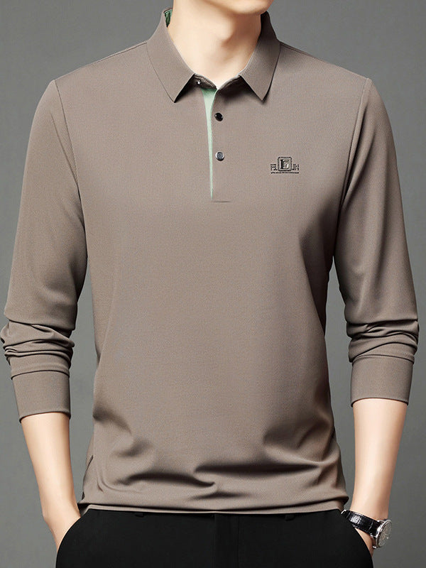 Men's Lapel Polo Shirt, Long-Sleeve Color Block Casual Top