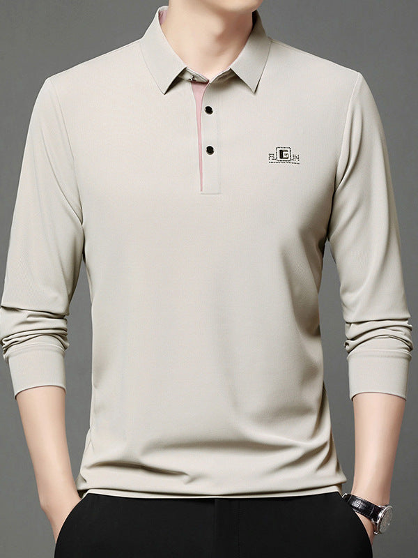 Men's Lapel Polo Shirt, Long-Sleeve Color Block Casual Top