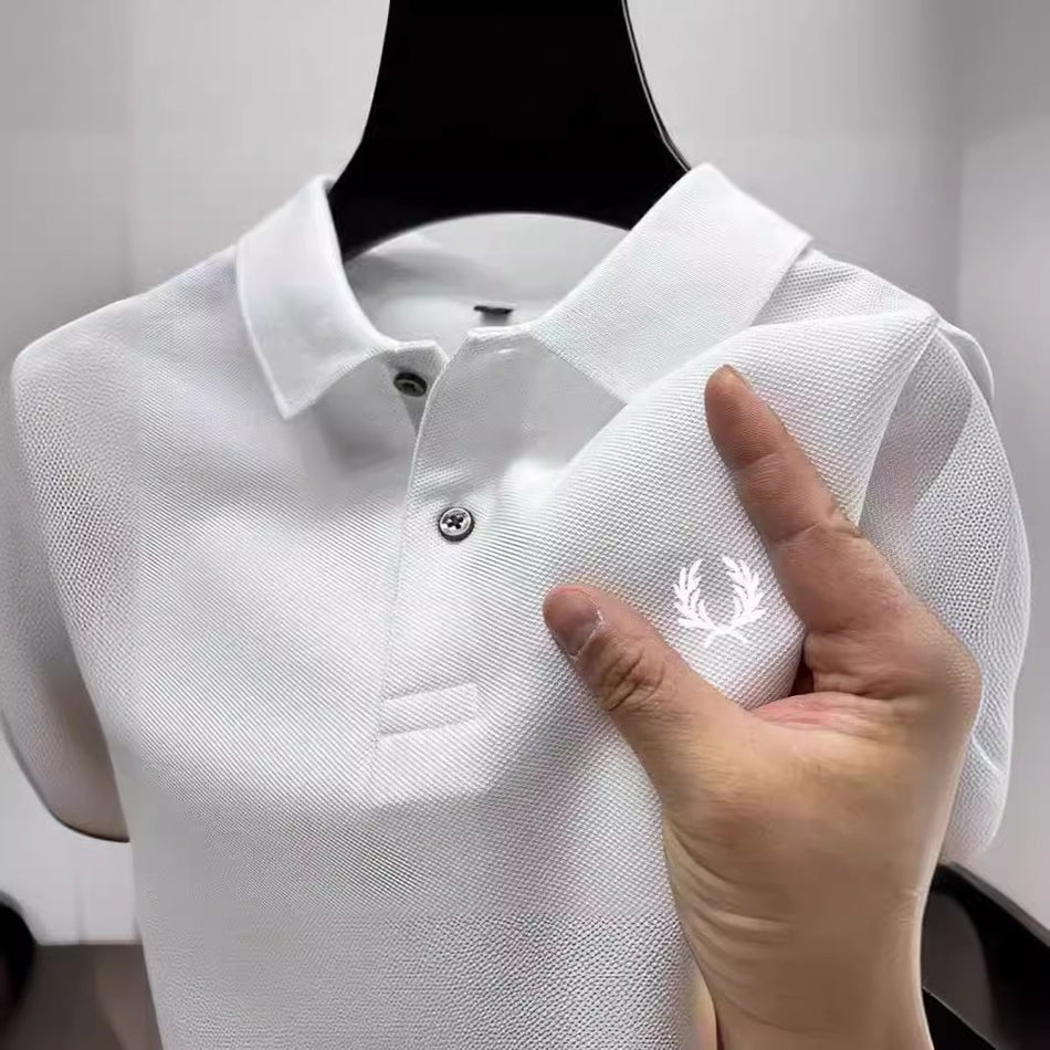 Men's Embroidered Henley Polo Shirt, Slim Fit Business Casual