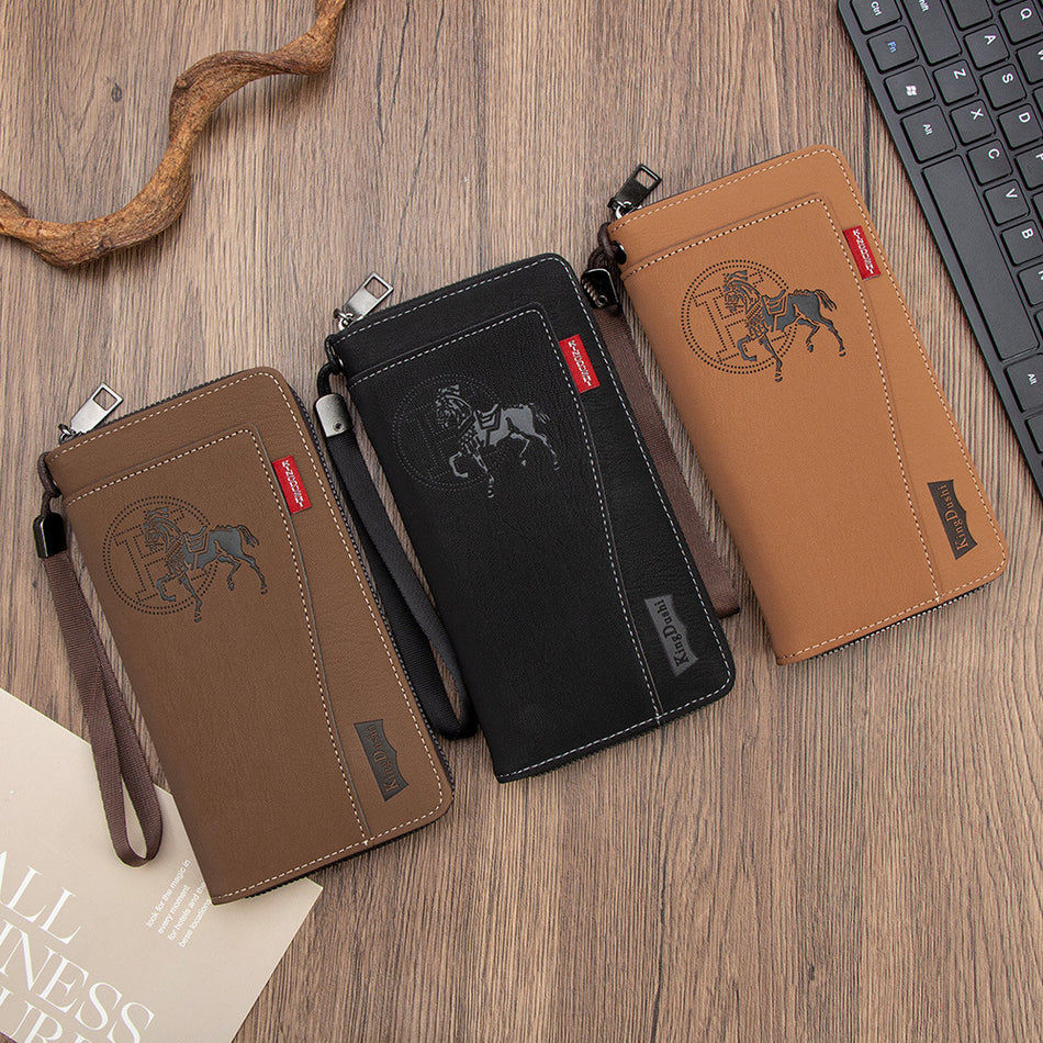 Men's Long Wallet, Crazy Horse Leather Style Zipper Card Holder