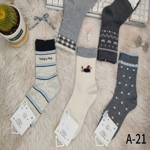 Women's Retro Polka Dot Fleece-Lined Wool Socks- Pack of 5