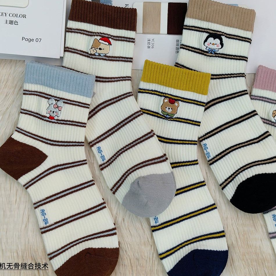 Women's Retro Contrast Cotton Mid-Calf Socks- Pack of 5
