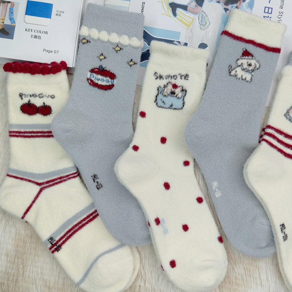Women's Cartoon Striped Cotton Mid-Calf Socks- Pack of 5