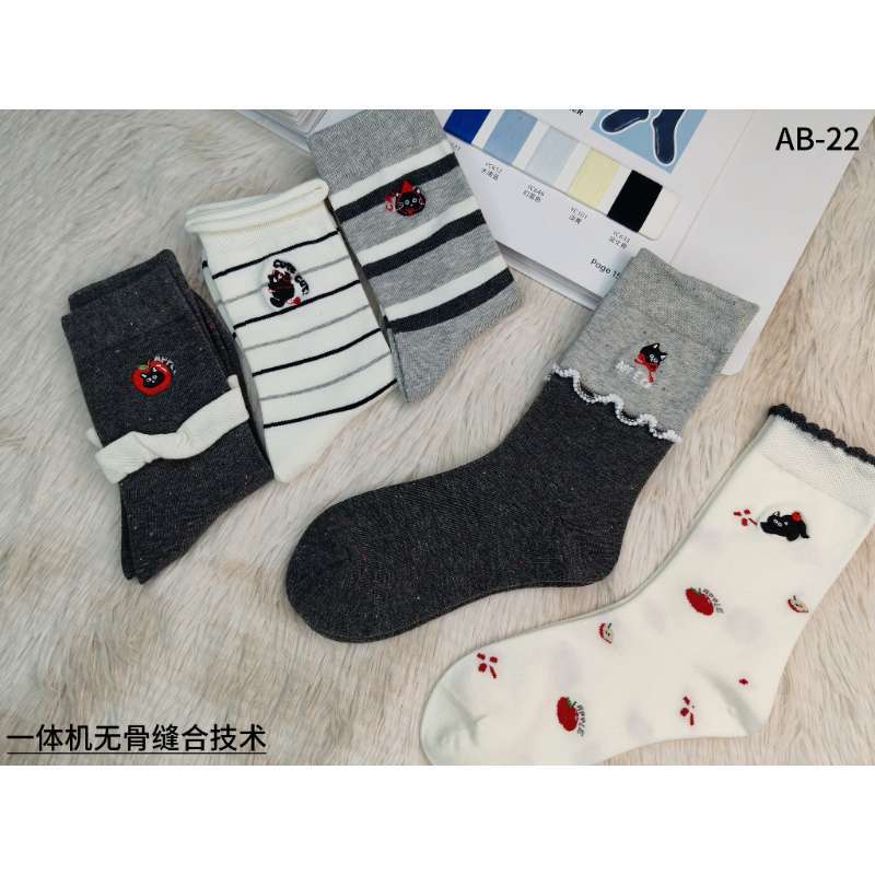 Women's Black Cat Lace Striped Cotton Mid-Calf Socks- Pack of 5