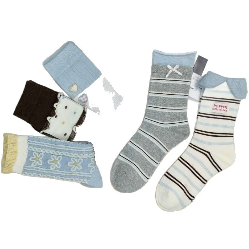 Women's Lace Cotton Mid-Calf Socks with Stitched Detail- Pack of