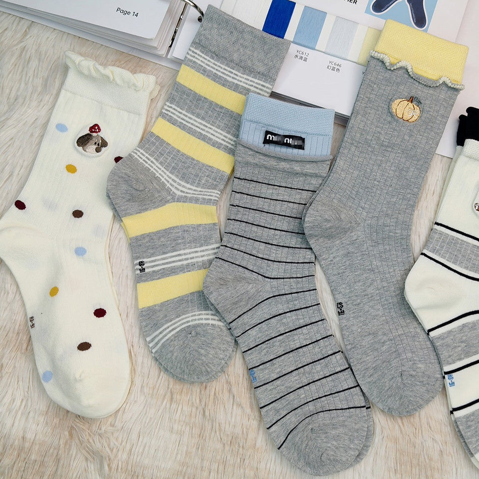 Women's Striped Embroidered Cotton Mid-Calf Socks- Pack of 5