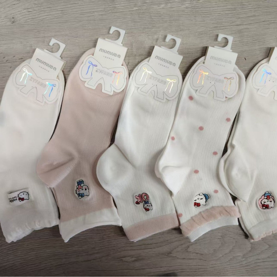 Women's Breathable Cartoon Mesh Cotton Mid-Calf Socks- Pack of 5