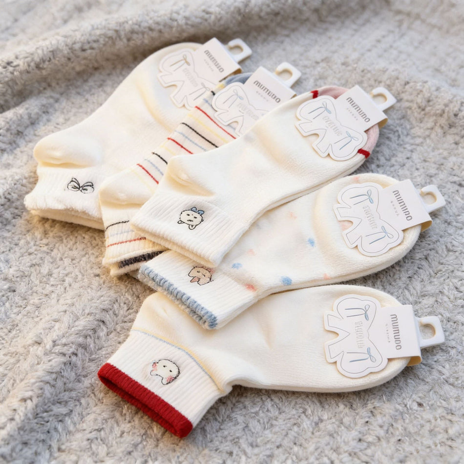 Women's Cute Cartoon Embroidered Breathable Ankle Socks- Pack of