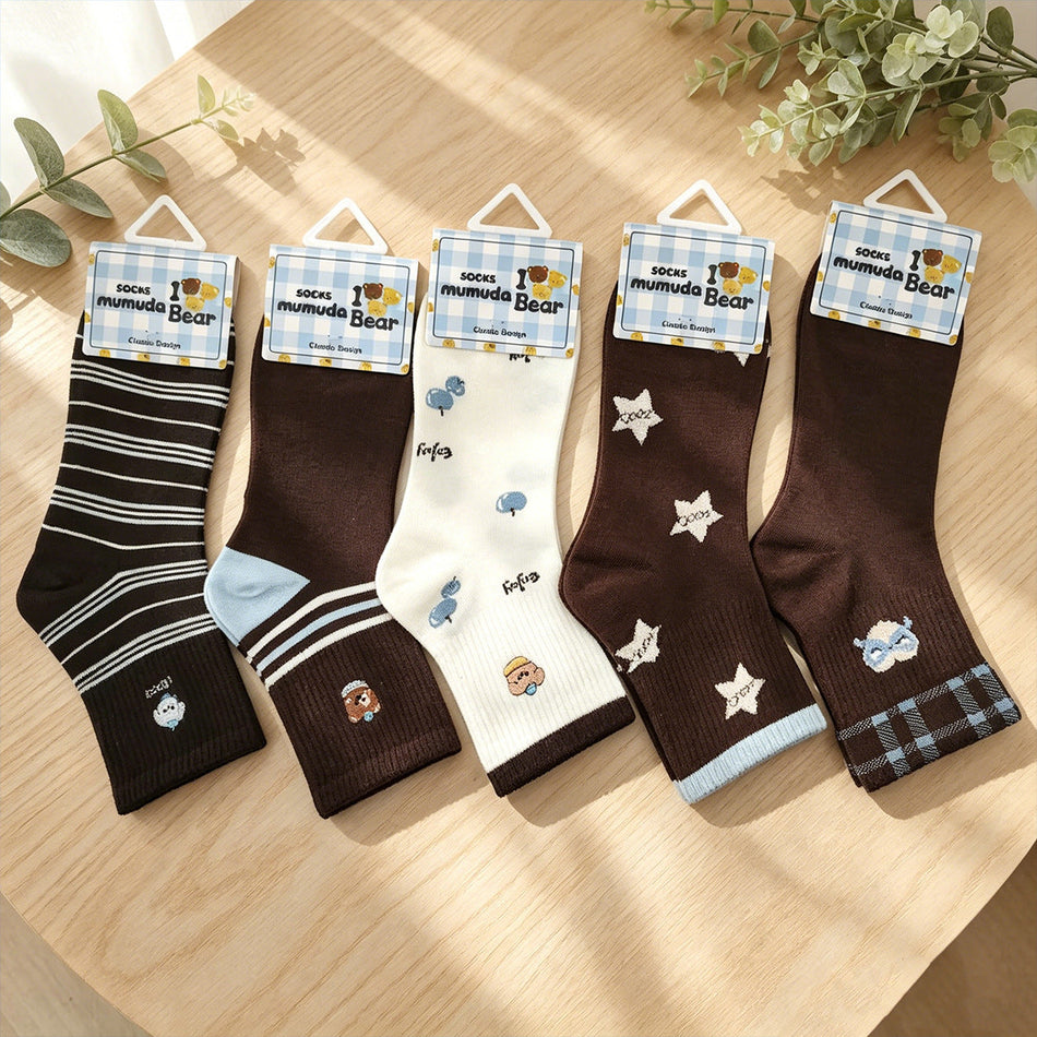 Women's Japanese Style Striped Plaid Cotton Mid-Calf Socks- Pack