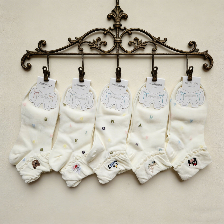 Women's Korean Style Embroidered Cotton Mid-Calf Socks- Pack of 5